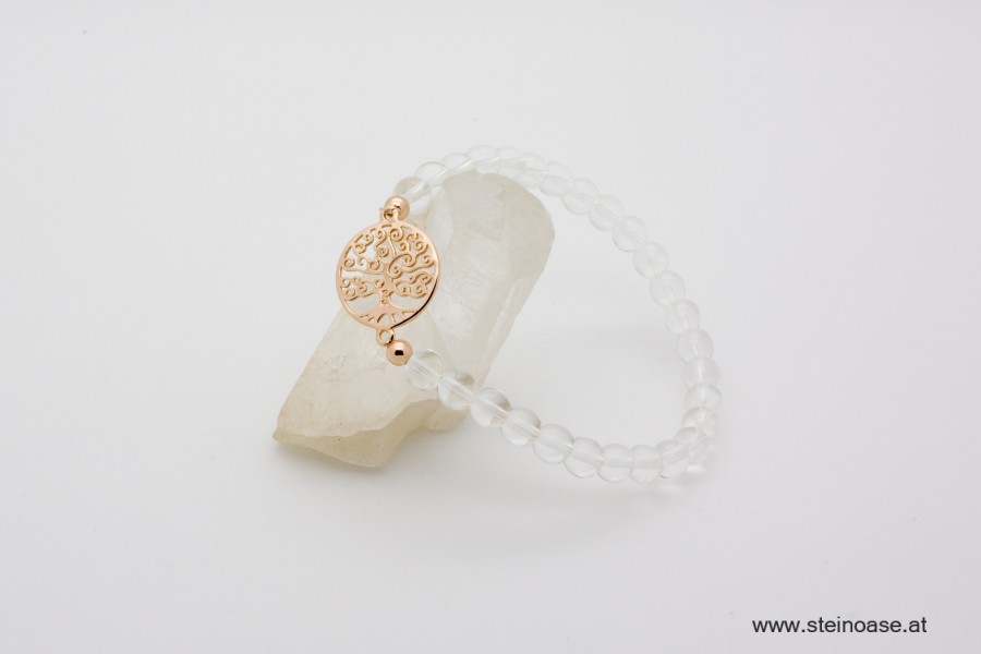 Armband Bergkristall + 'Baum' rose, 6mm